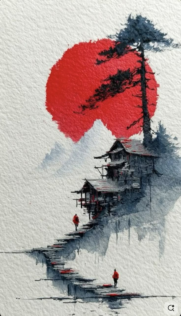 Sumi-e illustration of a figure walking up stone steps toward a cliffside dojo, symbolising the path of starting martial arts training in Halswell, Christchurch